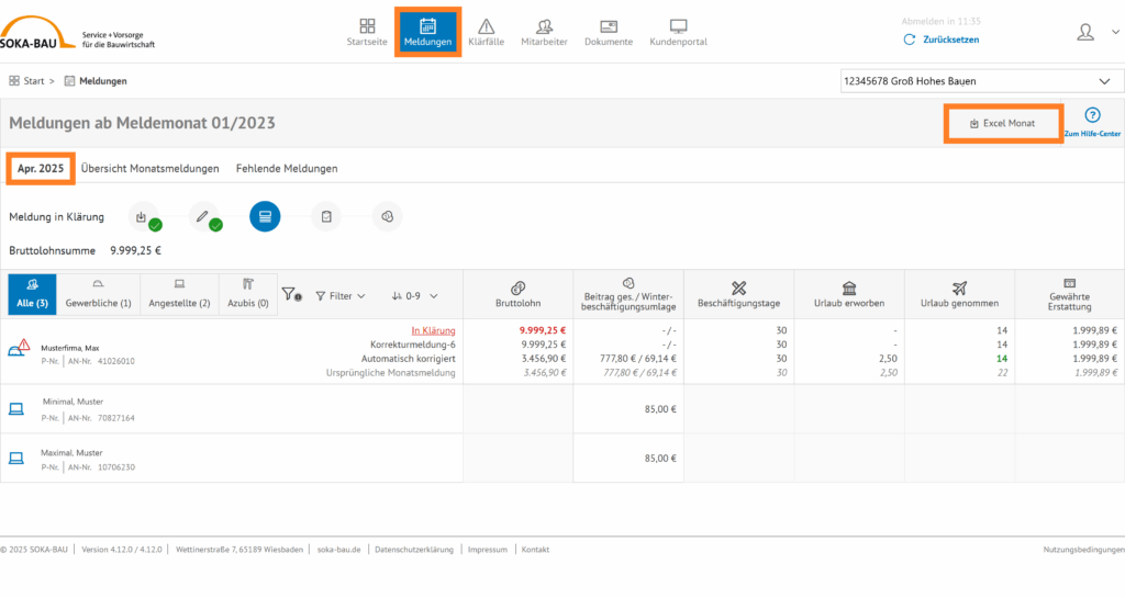 Meldungen - Aktueller Monat - Excel-Download aktueller Monat 07.25